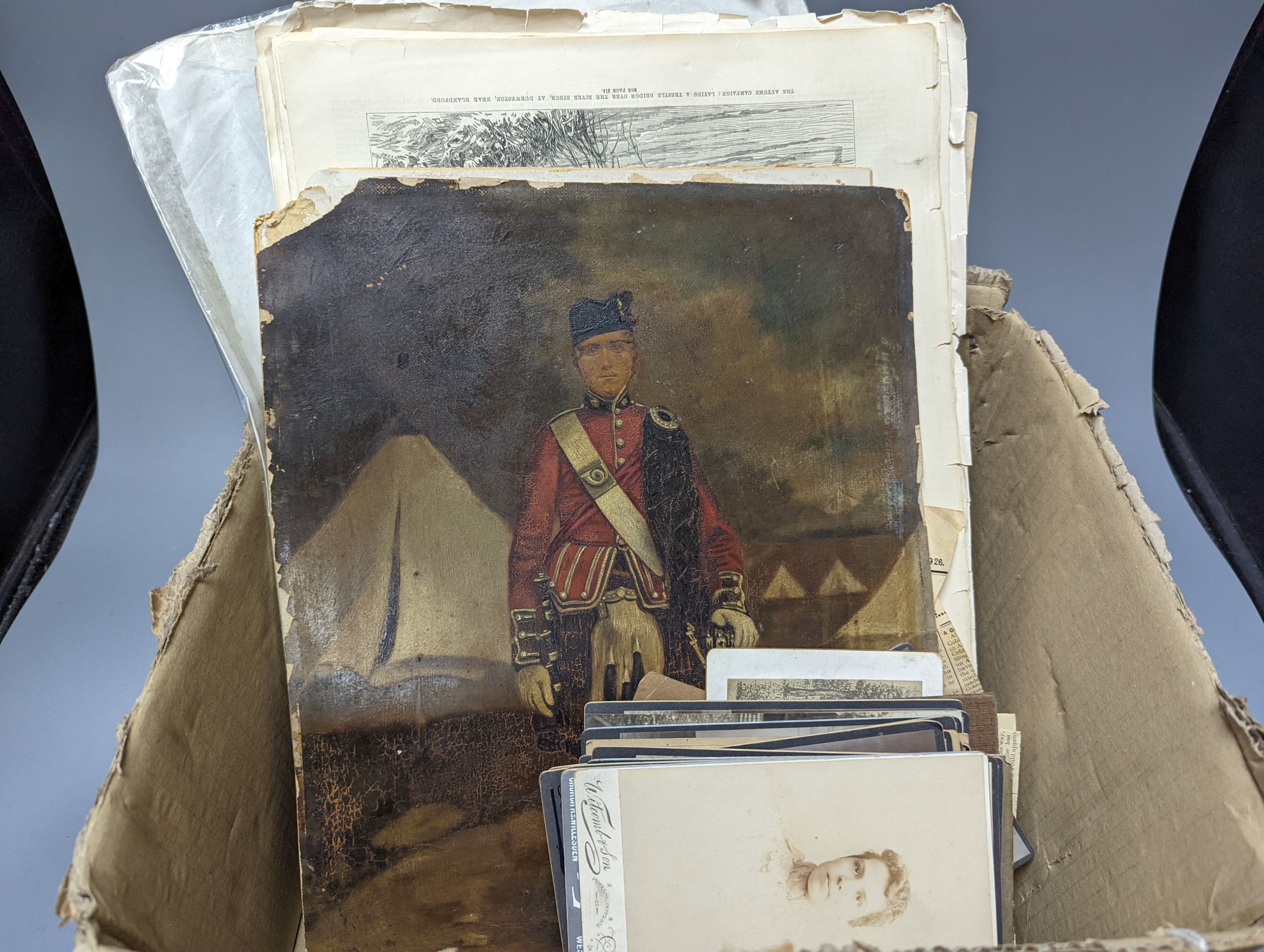 Captain Ramsay of the Highland Light Infantry, an archive of photographs, newspaper cuttings of his latter life together with an oil painted print of him in his military uniform